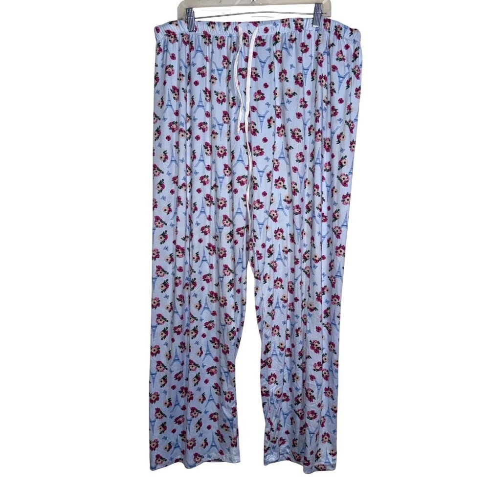 Womens Floral Pajama Pants 3X Light Blue With Pink Flowers & Eiffel Tower Print